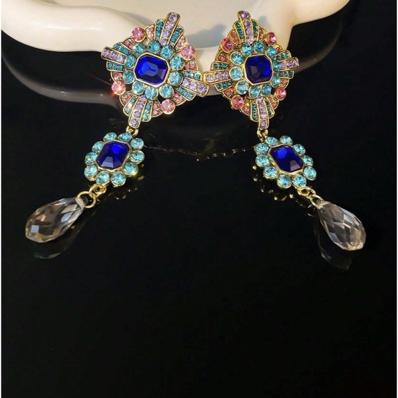 Colorful Crystal, Rhinestone Drop Medallion Dangle Vintage Look Party Earrings - Picture 8 of 10